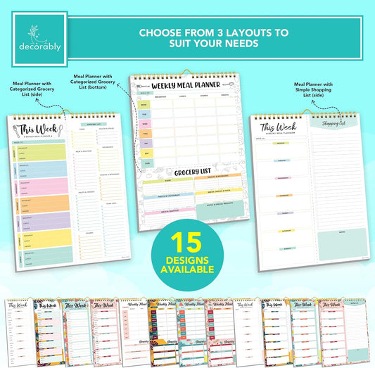 Decorably 52 Sheets Pastel Rainbow Weekly Meal Planner for Fridge with 4 Strong Magnets - 6x9in Spring-Bound Refrigerator Mountable, Easy Tear-Off Design, Track Food, Drinks, & Home Supplies