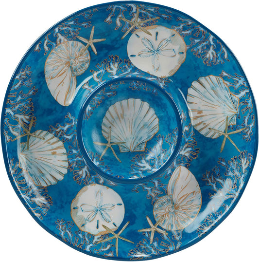 Playa Shells Coastal Ceramic Chip & Dip Platter – 13.5" Ocean-Themed Party Server for Chips, Veggies, Fruit, Crackers, and Appetizers