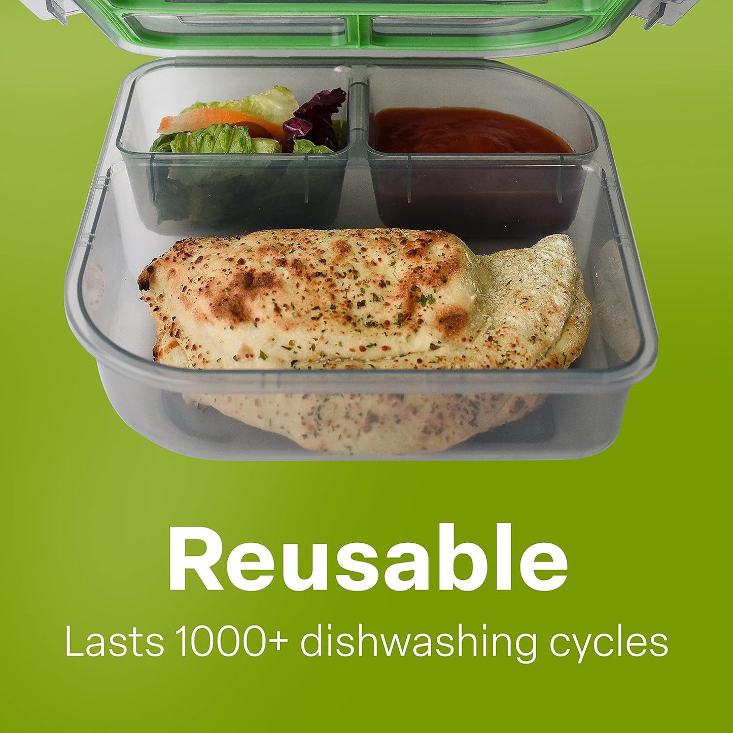 MyGo Container Large To-Go 3-Compartment Food Containers, Pack Of 3, 9-3/8" X 9-3/8" X 2-1/2", Reusable, Microwave Safe, NSF Certified, Smoke/Green