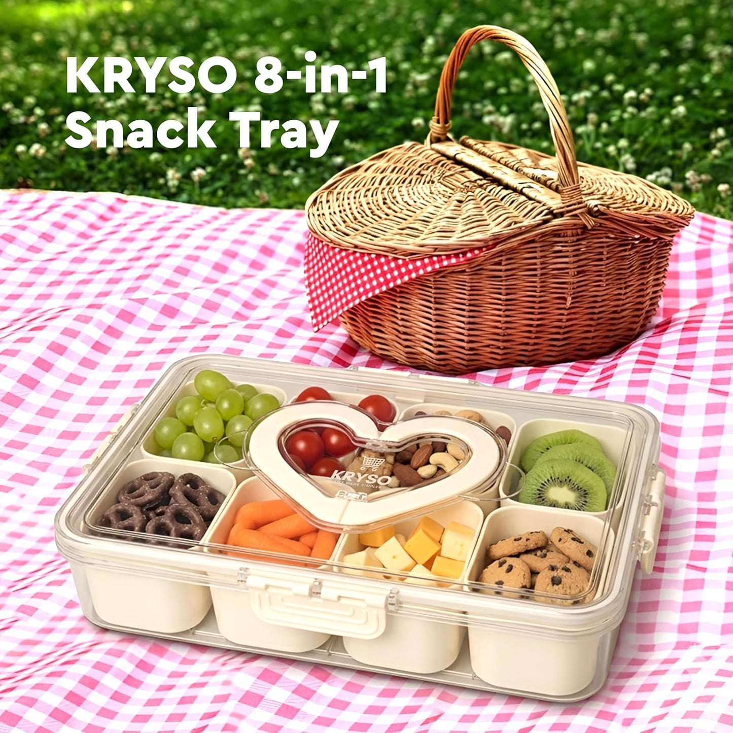 KRYSO 8-in-1 Snack Tray with Lid & Handle, Divided Serving Dishes, Trays & Platters– Leak-Proof, Portable Food Organizer Box with Silicone Seal & Removable Sections for Parties, Travel & Everyday Use