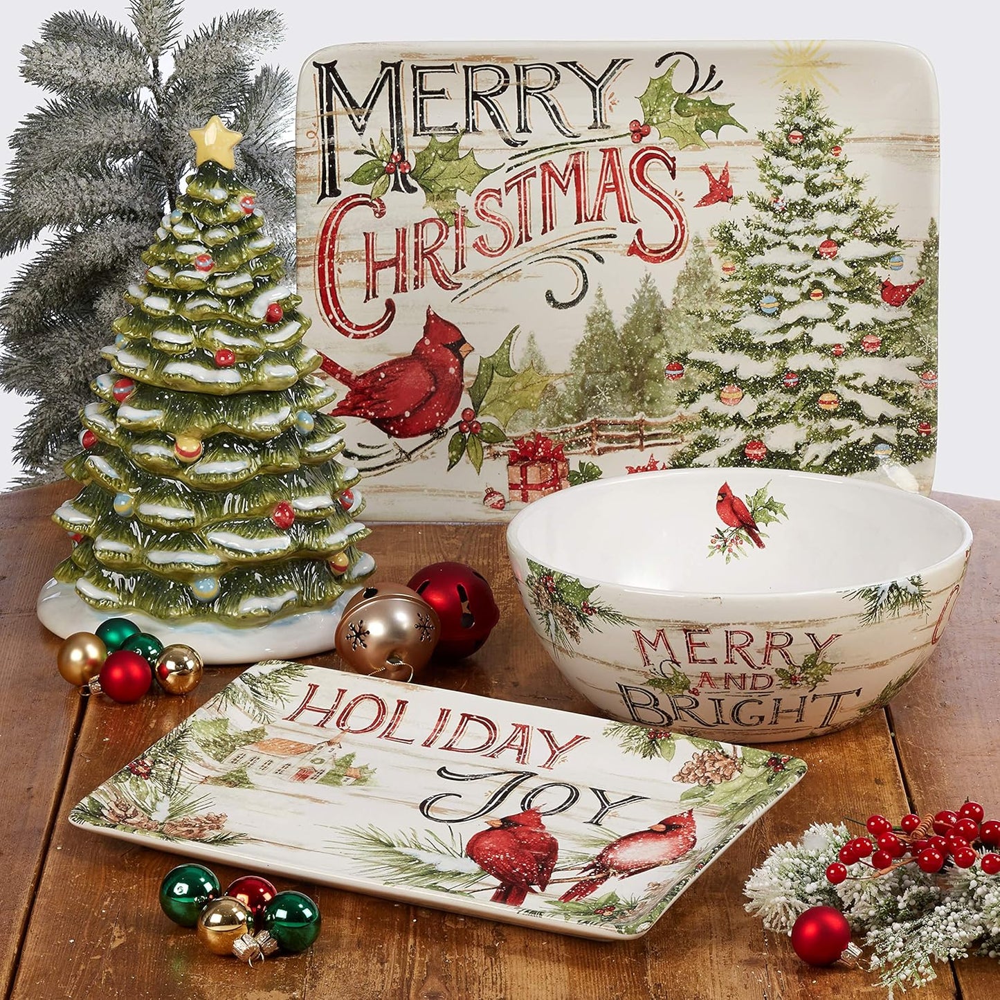Evergreen Christmas 16x12 Rectangular Serving Platter with Santa & Tree Design – Festive Holiday Ceramic Tray for Roasts, Cookies, Charcuterie, and Holiday Entertaining – Set a Merry Table