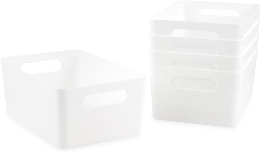 Isaac Jacobs 3-Pack XL White Storage Bin (13.9” x 10.6” x 5.75”) Set w/Cut-Out Handles, Plastic Organizer, Multi-Use, Home, Office, Pantry, Closet, Kitchen