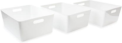 Isaac Jacobs 3-Pack XL White Storage Bin (13.9” x 10.6” x 5.75”) Set w/Cut-Out Handles, Plastic Organizer, Multi-Use, Home, Office, Pantry, Closet, Kitchen