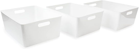 Isaac Jacobs 3-Pack XL White Storage Bin (13.9” x 10.6” x 5.75”) Set w/Cut-Out Handles, Plastic Organizer, Multi-Use, Home, Office, Pantry, Closet, Kitchen