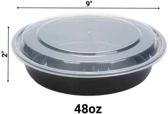 48oz Disposable Black Meal Prep/Bento Box with Clear Dome Lids - Round Plastic Meal Containers - Leak Proof and Reusable Box : Perfect For Salad, Meal Prep and Fruits : Set of 10