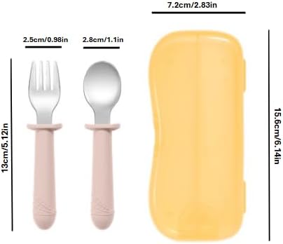 Stainless Steel and BPA Free Silicone Fork and Spoon Set with Travel Case for Baby/Toddler, 6+ Months, 3 Pieces, Color: Blush