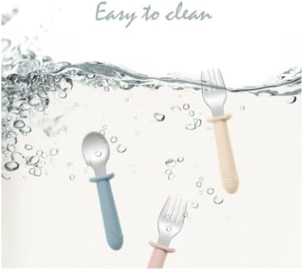 Stainless Steel and BPA Free Silicone Fork and Spoon Set with Travel Case for Baby/Toddler, 6+ Months, 3 Pieces, Color: Blush