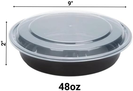 48oz Disposable Black Meal Prep/Bento Box with Clear Dome Lids - Round Plastic Meal Containers - Leak Proof and Reusable Box : Perfect For Salad, Meal Prep and Fruits : Set of 10