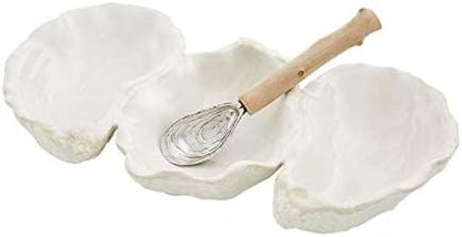 Mud Pie Oyster Shaped Triple Dip and Serving Set, White, 10.25" x 5.5"