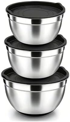 TEEM Stainless Steel 304 Mixing Bowls with Lids, Set of 3 Large Medium Small 1.5L 2L 3L (1.6QT 2.1QT 3.2QT) Food-Grade Metal Nesting Salad Bowls - Rust-Resistant, Dishwasher Freezer Safe