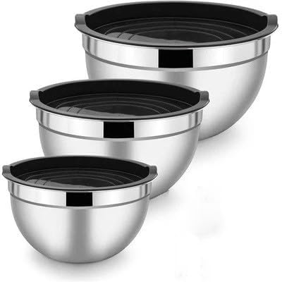 TEEM Stainless Steel 304 Mixing Bowls with Lids, Set of 3 Large Medium Small 1.5L 2L 3L (1.6QT 2.1QT 3.2QT) Food-Grade Metal Nesting Salad Bowls - Rust-Resistant, Dishwasher Freezer Safe