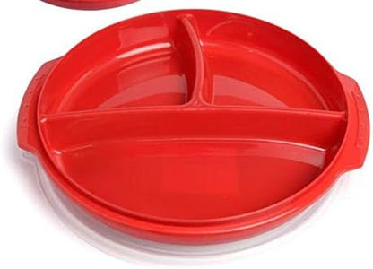 3 pack- Microwave Food Storage Travel Tray Containers - Portion Control - 3 Section Compartment Divided Plates with Vented Lid For Easy Reheat (3, Red)