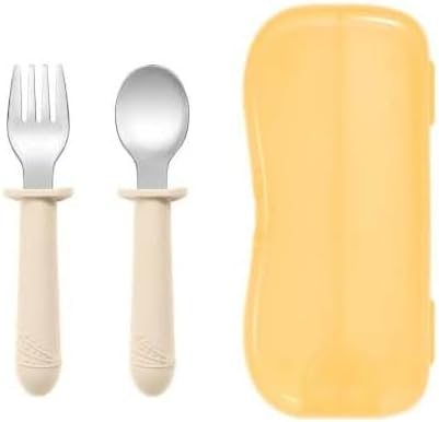 Stainless Steel and BPA Free Silicone Fork and Spoon Set with Travel Case for Baby/Toddler, 6+ Months, 3 Pieces, Color: Blush