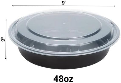 48oz Disposable Black Meal Prep/Bento Box with Clear Dome Lids - Round Plastic Meal Containers - Leak Proof and Reusable Box : Perfect For Salad, Meal Prep and Fruits : Set of 10