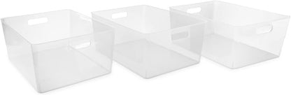 Isaac Jacobs 3-Pack XL White Storage Bin (13.9” x 10.6” x 5.75”) Set w/Cut-Out Handles, Plastic Organizer, Multi-Use, Home, Office, Pantry, Closet, Kitchen