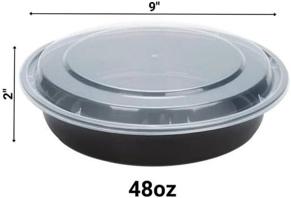 48oz Disposable Black Meal Prep/Bento Box with Clear Dome Lids - Round Plastic Meal Containers - Leak Proof and Reusable Box : Perfect For Salad, Meal Prep and Fruits : Set of 10
