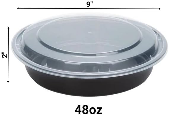 48oz Disposable Black Meal Prep/Bento Box with Clear Dome Lids - Round Plastic Meal Containers - Leak Proof and Reusable Box : Perfect For Salad, Meal Prep and Fruits : Set of 10