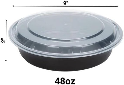48oz Disposable Black Meal Prep/Bento Box with Clear Dome Lids - Round Plastic Meal Containers - Leak Proof and Reusable Box : Perfect For Salad, Meal Prep and Fruits : Set of 10