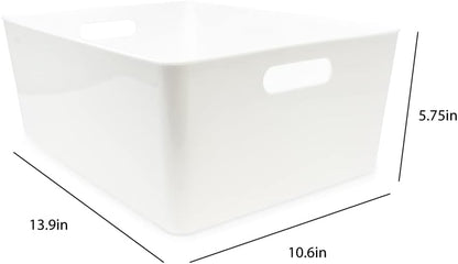 Isaac Jacobs 3-Pack XL White Storage Bin (13.9” x 10.6” x 5.75”) Set w/Cut-Out Handles, Plastic Organizer, Multi-Use, Home, Office, Pantry, Closet, Kitchen