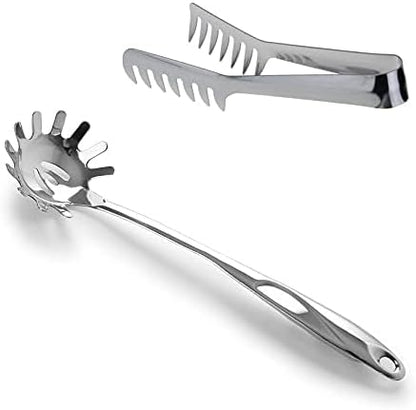 HornTide Stainless Steel Pasta Tongs, Pack of 2 Piece, Teethed Ends Design for Spaghetti Noodle Pastry, Kitchen Serving Tong Set 8-inch 20cm