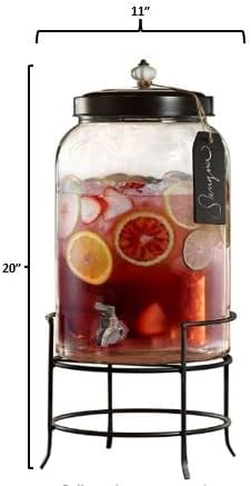 Style Setter Franklin 210235-GB 3 Gallon Glass Beverage Drink Dispensers with Metal Stand & Lid, Tag and Ceramic Knob, Clear, 20x11"