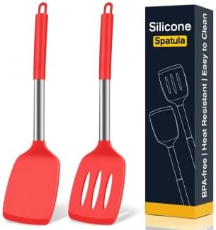 2 Pack Silicone Spatula Set, Solid & Slotted Turner for Non-Stick Pans, High Heat Resistant Silicone Spatula for Cooking, BPA-Free Stainless Steel Cooking Utensils for Fish, Eggs, Pancakes, Black