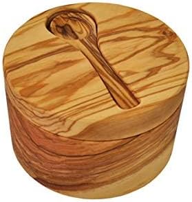 Naturally Med Olive Wood Salt Cellar with Inset Spoon. Magnetic, swivel lid. Spoon is held by a magnet on lid. Salt cellar, salt pot, salt keeper. Natural Olive Wood.