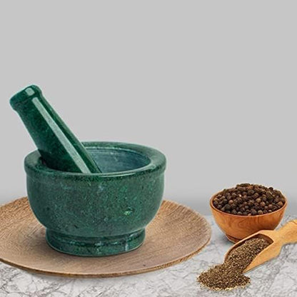 Zig Zag 4 Inch Natural Granite Marble Mortar and Pestle Set Solid Green Stone Marble Grinder for Guacamole, Herbs, Spices, Medicine