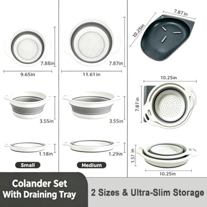 AUOON Clip On Strainer Silicone for All Pots and Pans (Black, Standard) & AUOON Collapsible Colander Set (3QT + 4QT) with Draining Base (White+Gray)