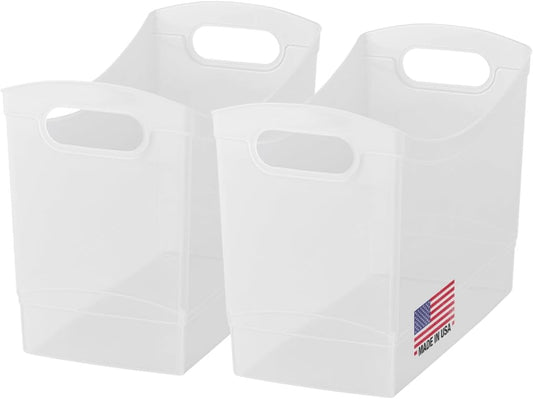 Modern Narrow Organizer Storage Bin, Clear Plastic Household Storage Container for Kitchen Pantry storage, Under Sink Bin, Bathroom/Laundry Room - Made In USA - 2 Pack (Narrow - 13” X 9” X 6”)