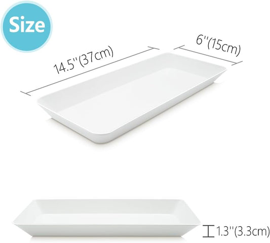 Serving Tray Platter Rectangle, 4 Pcs Long Narrow Food Tray for Veggie Fruit Snack Dessert, Plastic White Food Trays for Party Supplies Display, Rectangular Platters for Serving Food, BPA Free