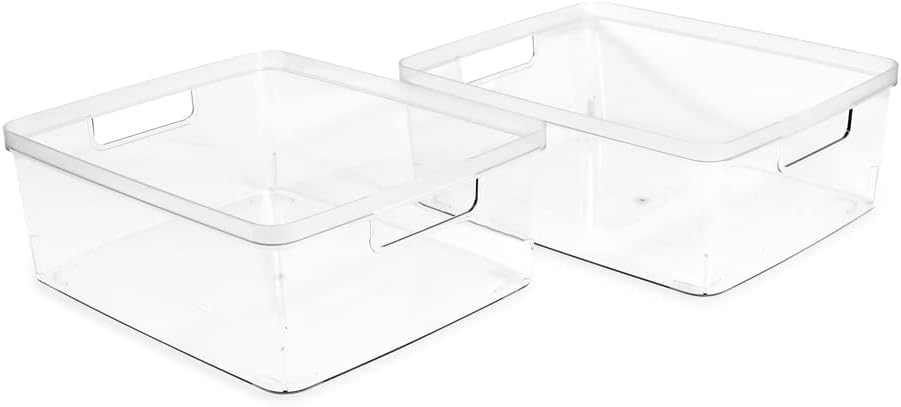 Isaac Jacobs 2-Pack Square Clear Storage Bins (10” L x 10” W x 6.1” H) w/Cutout Handles, Plastic Organizer for Home, Office, Kitchen, Fridge/Freezer, Bathroom, BPA Free, Food Safe (2-Pack, Square)