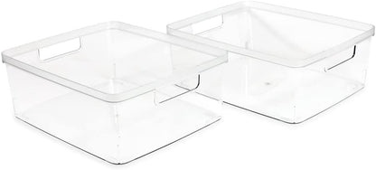 Isaac Jacobs 2-Pack Square Clear Storage Bins (10” L x 10” W x 6.1” H) w/Cutout Handles, Plastic Organizer for Home, Office, Kitchen, Fridge/Freezer, Bathroom, BPA Free, Food Safe (2-Pack, Square)