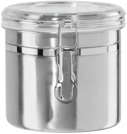 Oggi Stainless Steel Kitchen Canister 62 fl oz - Airtight Clamp Lid, Clear See-Thru Top - Ideal for Kitchen Storage, Food Storage, Pantry Storage. Large Size 5" x 7.5".