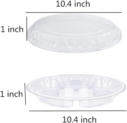 Clear Plastic Appetizer Trays with Lids, Travel Round Disposable Compartment Serving Platters,6 Sectional Catering Trays for Vegetable Salad Food for Fruit Veggie Snack Food Containers (12 Pack)