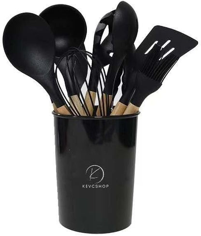 Deluxe 12-Piece Silicone Kitchen Utensils Set with Durable Cooking Utensils - Heat Resistant Nonstick Cookware Essentials, Includes Spoon, Spatula, Ladle, and Utensil Set Holder