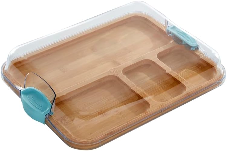 Farberware Build-A-Board Bamboo Cutting Board with Built-In Compartments & Clear Locking Lid, Black Handles, Charcuterie, Snack Tray, Food Prep and Serving Platter