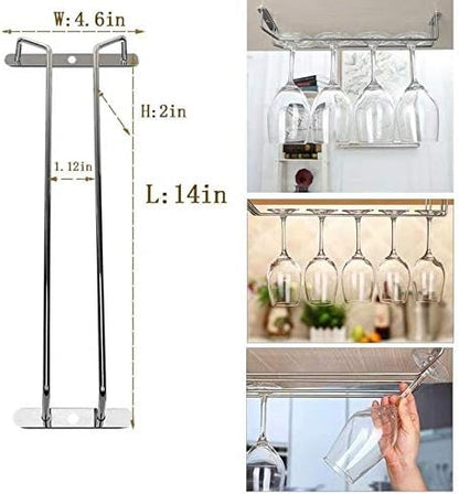 14-Inch Gold Wine Glass Rack, Under Cabinet Wine Glass Holder Stainless Steel Stemware Rack - Hanging Stemware Holder for Cabinet Kitchen Bar, Set of 2