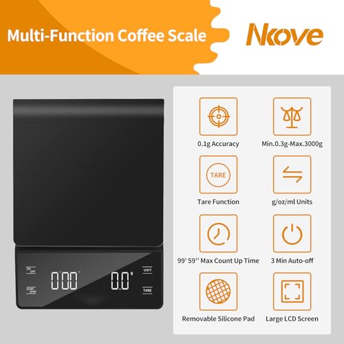 NKOVE Coffee Scale with Timer, 0.1g High Precision Espresso Scale 3kg