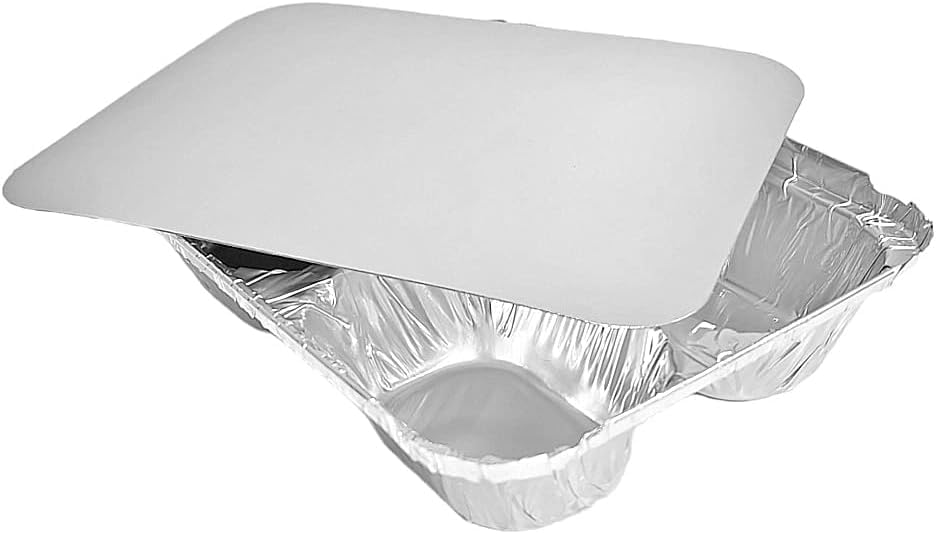 PACTOGO Aluminum Foil 3-Compartment TV Dinner Trays with Board Lid - 8x6 Disposable Tin Foil Pans for Baking, Meal Prep and Freezer, Takeout, Leftovers (Pack of 10 Sets)