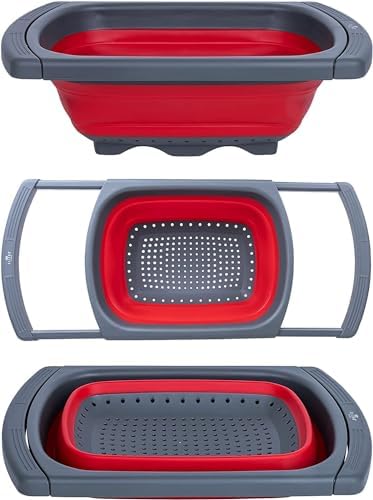 Collapsible Colander Strainer with Extendable Handles - Over the Sink Vegetable/Fruit Colanders Strainers for Kitchen, Capacity of 6 quart (Blue)