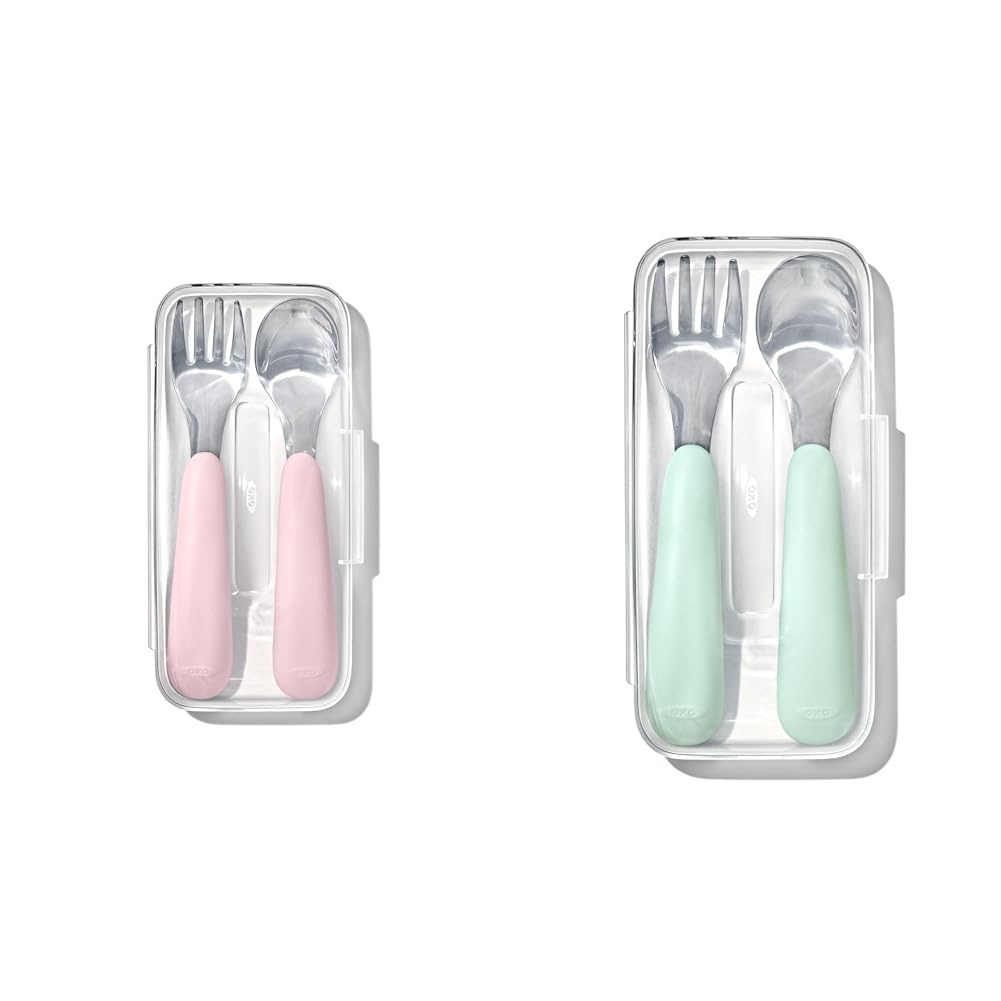 OXO Tot On-The-Go Fork and Spoon Set with Blossom and Opal Travel Cases, Stainless Steel Utensils for Kids