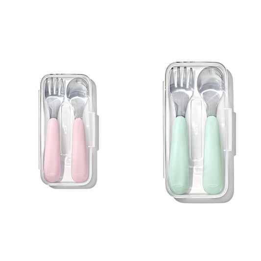 OXO Tot On-The-Go Fork and Spoon Set with Blossom and Opal Travel Cases, Stainless Steel Utensils for Kids