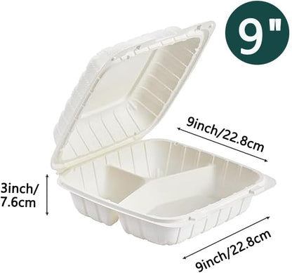 3-Compartment Clamshell Food Containers, Heavy Duty Plastic To Go Boxes with Hinged Lid, Microwave, Freezer & Dishwasher Safe, BPA-Free Takeout Trays for Meal Prep (White) (30, WHITE, 9 * 9inch)