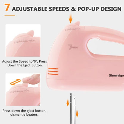 Showvigor Electric Hand Mixer with Stainless Steel Mixing Bowl Set –7 Speeds Turbo-Boost Hand Mixer with Large Mixing Bowls, Measuring Cups, Spoons & Spatula for Kitchen Cakes Eggs Baking(Pink)