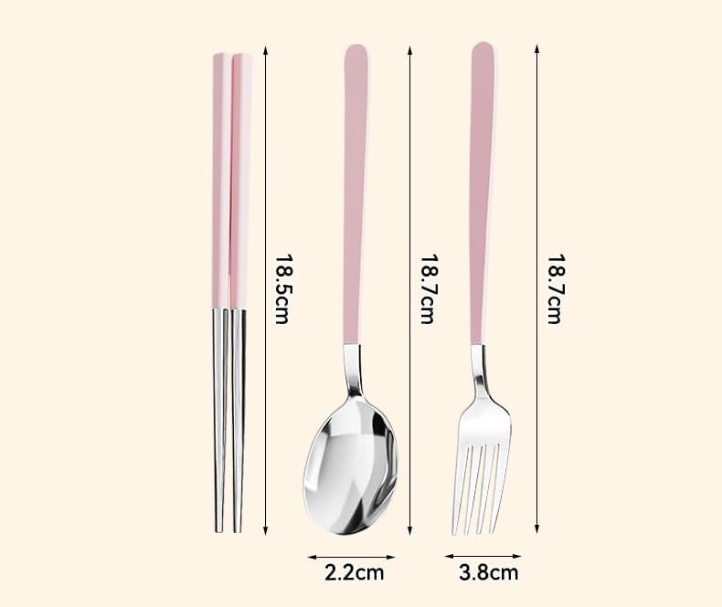 Cute Strawberry Bear 304 Stainless Steel Utensil Set with Travel Case – Portable Reusable Chopsticks, Spoon & Fork in Plaid Storage Box, for School Lunch, Camping, Travel(Pink)