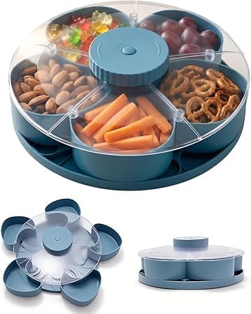 Divided Spin Snack Tray, New 5-Compartment Rotating Snack Tray, Rotating Snack Box Container with Lid, Perfect for Snacks, Fruit & Party Appetizers (Grey)