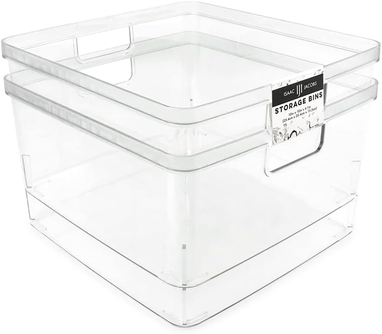 Isaac Jacobs 2-Pack Extra-Large Clear Storage Bins (11.5” L x 14” W x 9” H) w/Cutout Handles, Plastic Organizer for Home, for Kitchen, Fridge, Pantry, BPA Free, Food Safe (2-Pack, Extra-Large)