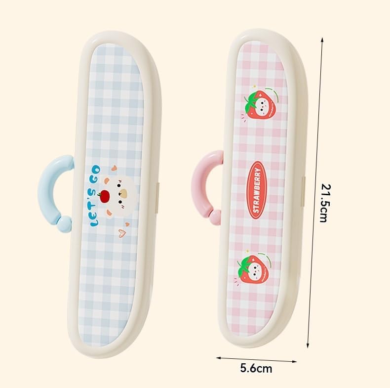 Cute Strawberry Bear 304 Stainless Steel Utensil Set with Travel Case – Portable Reusable Chopsticks, Spoon & Fork in Plaid Storage Box, for School Lunch, Camping, Travel(Pink)