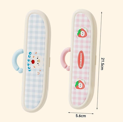 Cute Strawberry Bear 304 Stainless Steel Utensil Set with Travel Case – Portable Reusable Chopsticks, Spoon & Fork in Plaid Storage Box, for School Lunch, Camping, Travel(Pink)
